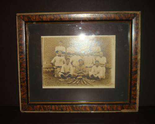 Early Base Ball Team in Front of Brick Wall with Equipment
